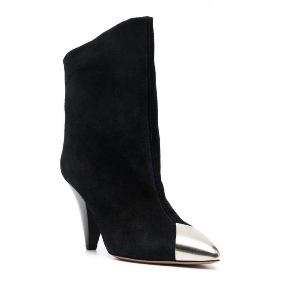 Isabel Marant Lapee Black Suede Metallic Silver Toe Cap Cone Heel Ankle Boots 38